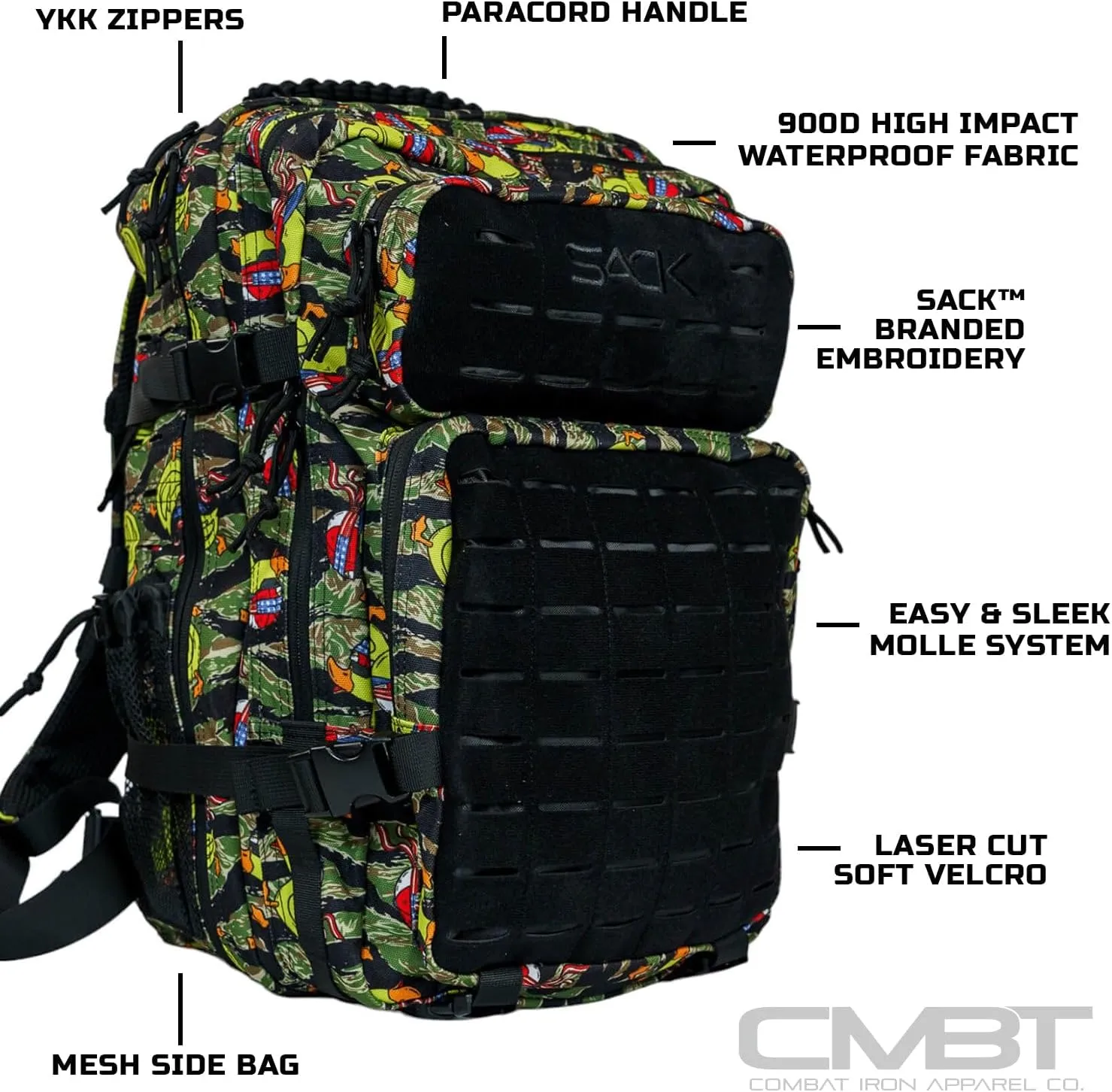 Combat Iron 45L Military Tactical Backpack for Men & Women, Molle Daypack Bug Out Bag, Hiking, Camping, Travel Rucksack with Bottle Holder, Tactiduck Tiger Stripe Camo