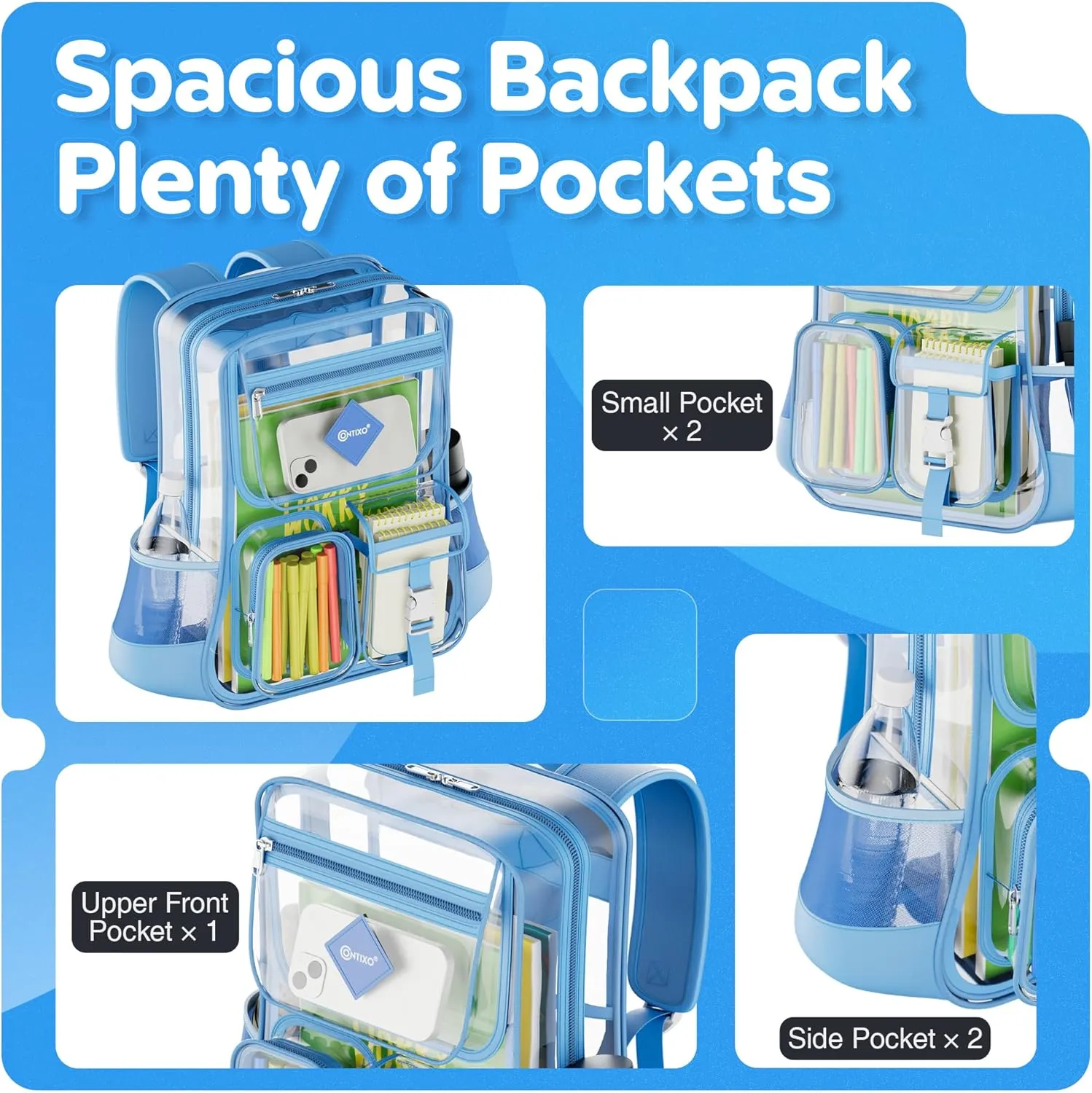 Contixo Clear Backpack for Kids & Adults - Transparent PVC Bookbag - Stadium-Approved Travel Bag for School, Waterproof - Adjustable Straps - Durable Tear-Resistant - 16.9" x 13.7" x 6.6" - Blue