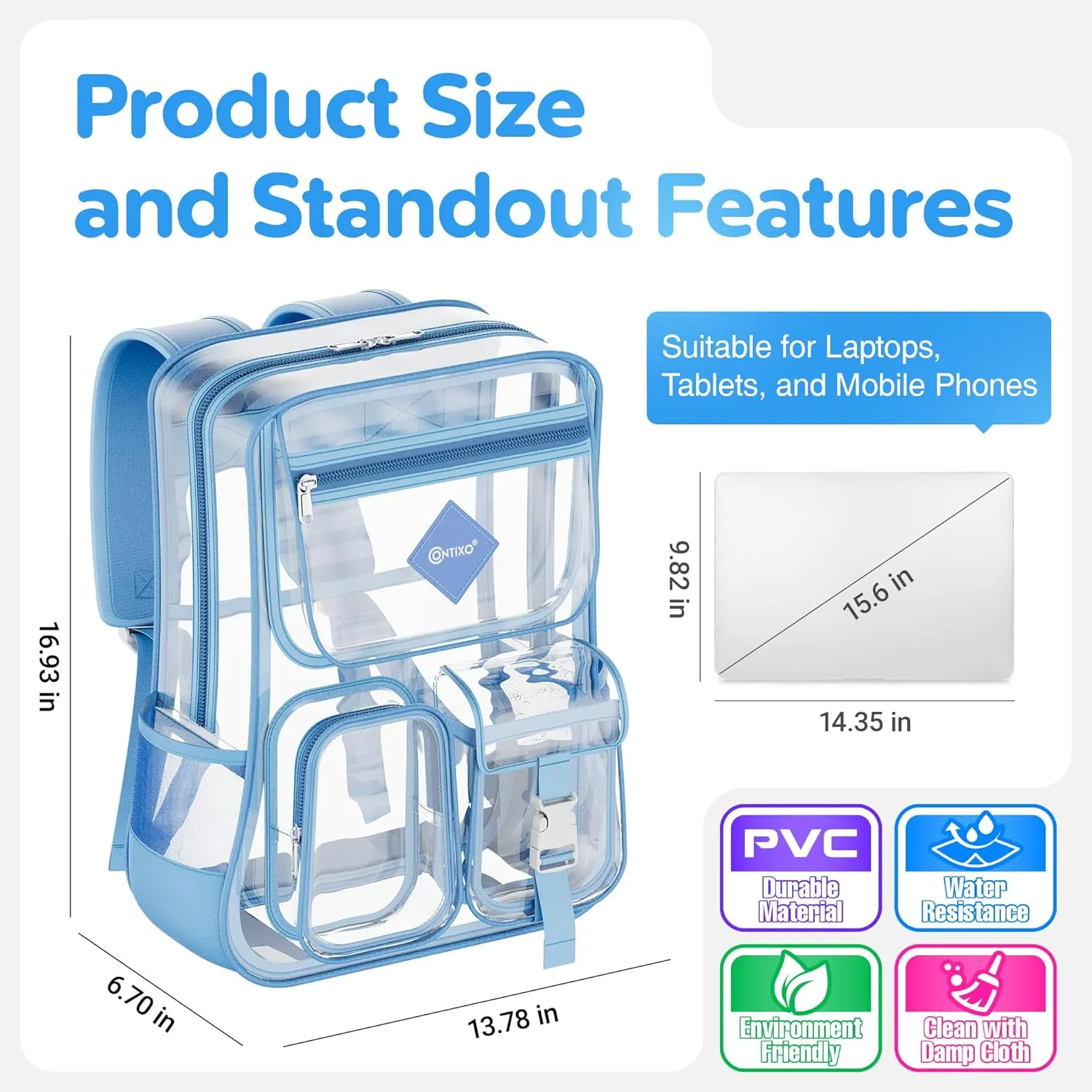 Contixo Clear Backpack for Kids & Adults - Transparent PVC Bookbag - Stadium-Approved Travel Bag for School, Waterproof - Adjustable Straps - Durable Tear-Resistant - 16.9" x 13.7" x 6.6" - Blue