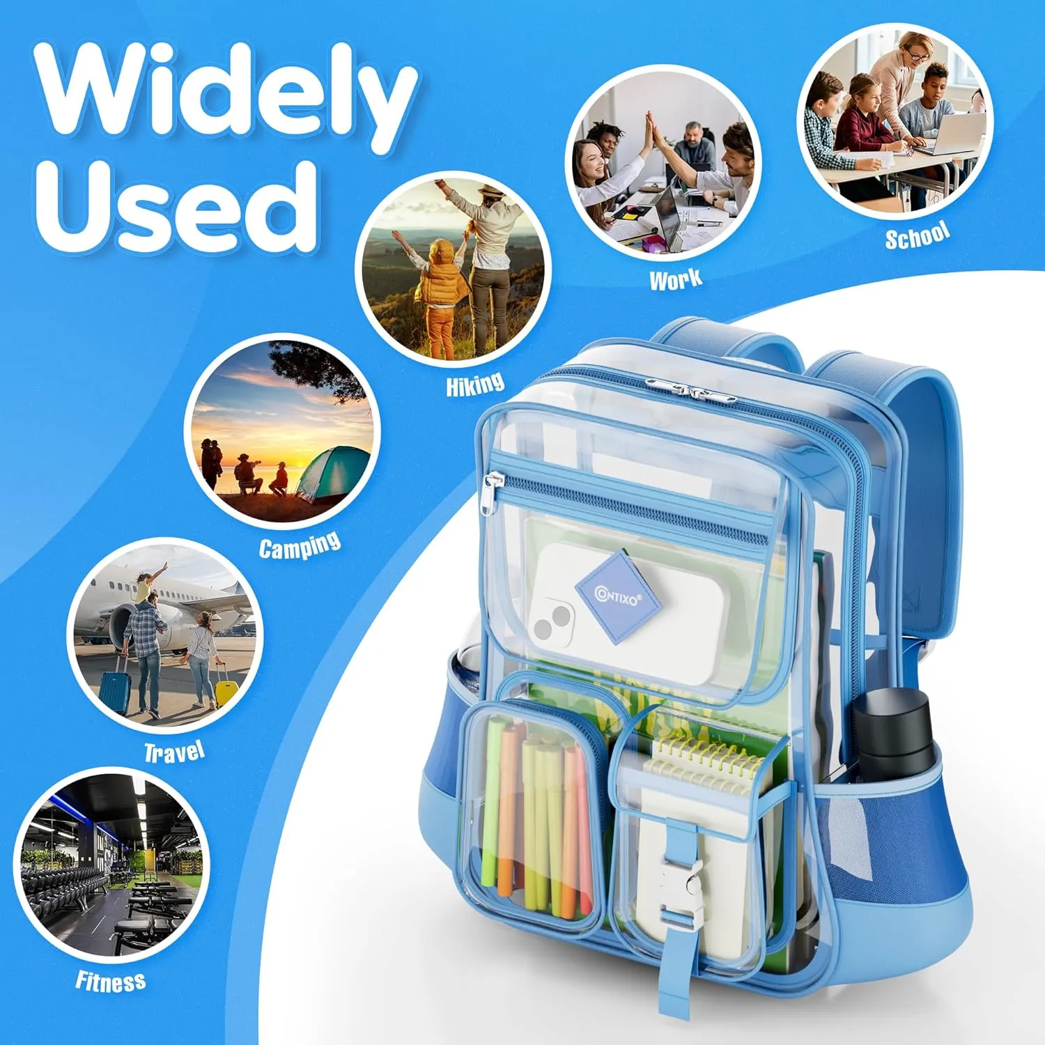 Contixo Clear Backpack for Kids & Adults - Transparent PVC Bookbag - Stadium-Approved Travel Bag for School, Waterproof - Adjustable Straps - Durable Tear-Resistant - 16.9" x 13.7" x 6.6" - Blue