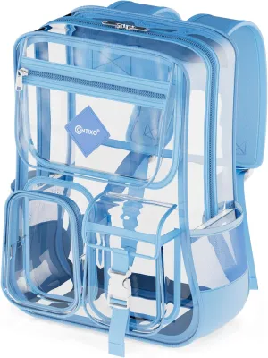Contixo Clear Backpack for Kids & Adults - Transparent PVC Bookbag - Stadium-Approved Travel Bag for School, Waterproof - Adjustable Straps - Durable Tear-Resistant - 16.9" x 13.7" x 6.6" - Blue