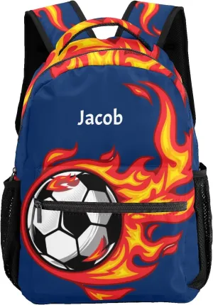 Cool Soccer on Fire Personalized Kids School Backpack Custom for Boys Girls Primary Daypack School Bookbag Travel Bag