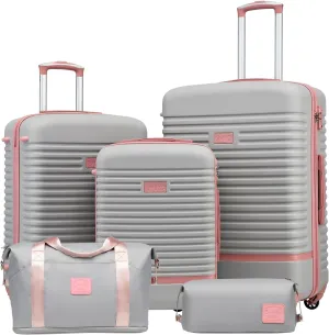 Coolife Suitcase Set 3 Piece Luggage Set Carry On Travel Luggage TSA Lock Spinner Wheels Hardshell Lightweight Luggage Set(Gray Pink, 5 piece set)