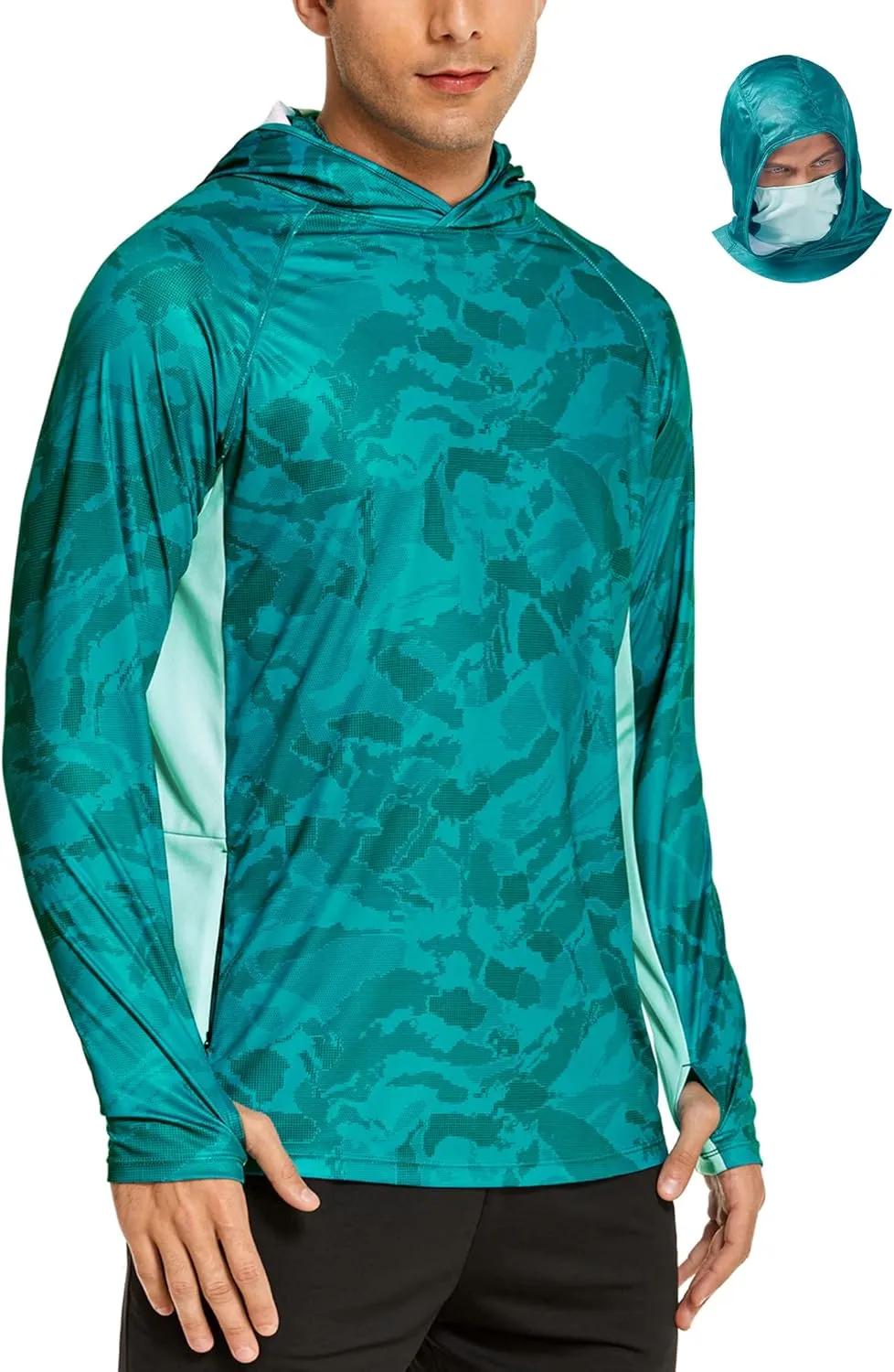 COOrun Men's Hooded Sun Shirts with Mask Fishing Shirts for Men Long Sleeve UPF 50 Rash Guards Cooling Hoodies Hiking Shirts