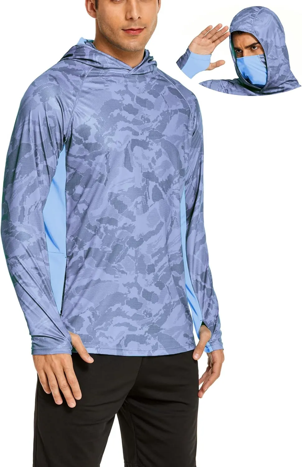 COOrun Men's Hooded Sun Shirts with Mask Fishing Shirts for Men Long Sleeve UPF 50 Rash Guards Cooling Hoodies Hiking Shirts
