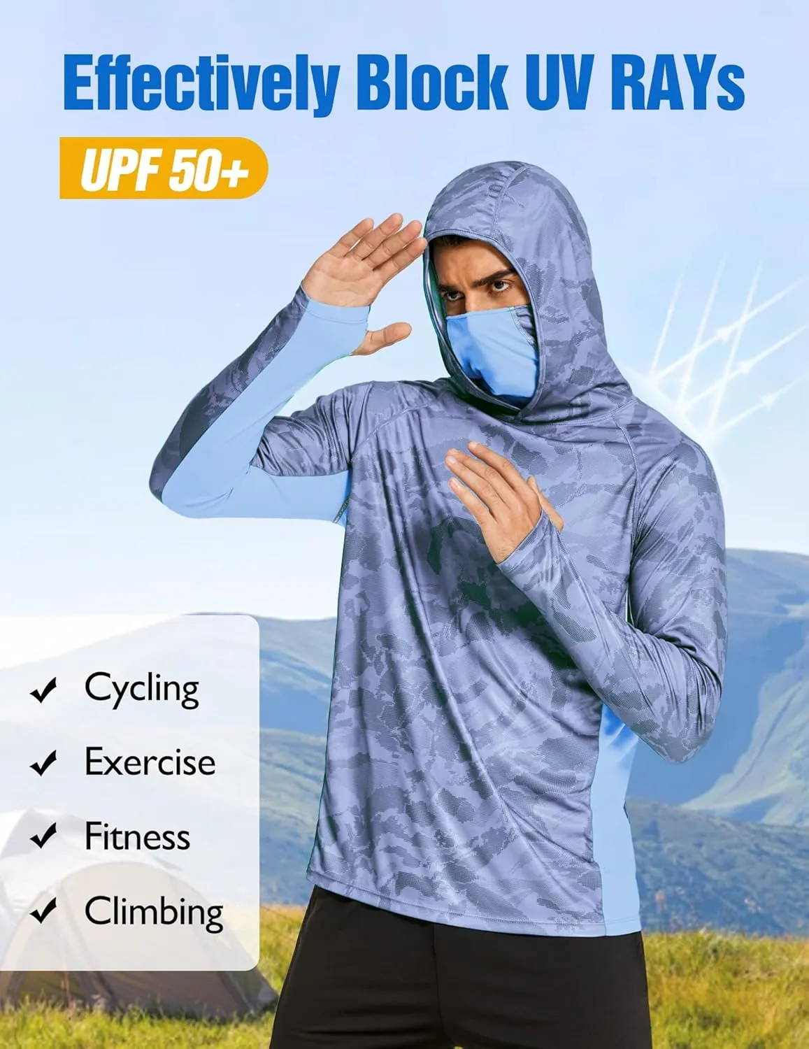 COOrun Men's Hooded Sun Shirts with Mask Fishing Shirts for Men Long Sleeve UPF 50 Rash Guards Cooling Hoodies Hiking Shirts