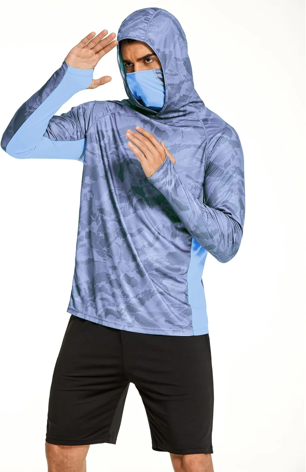COOrun Men's Hooded Sun Shirts with Mask Fishing Shirts for Men Long Sleeve UPF 50 Rash Guards Cooling Hoodies Hiking Shirts