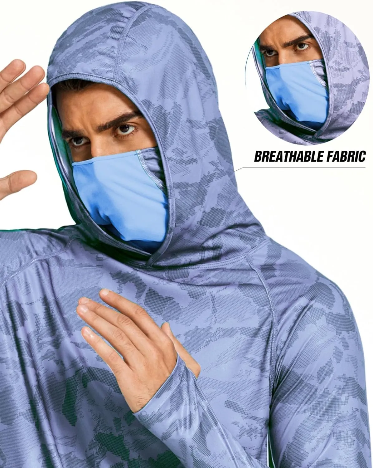 COOrun Men's Hooded Sun Shirts with Mask Fishing Shirts for Men Long Sleeve UPF 50 Rash Guards Cooling Hoodies Hiking Shirts