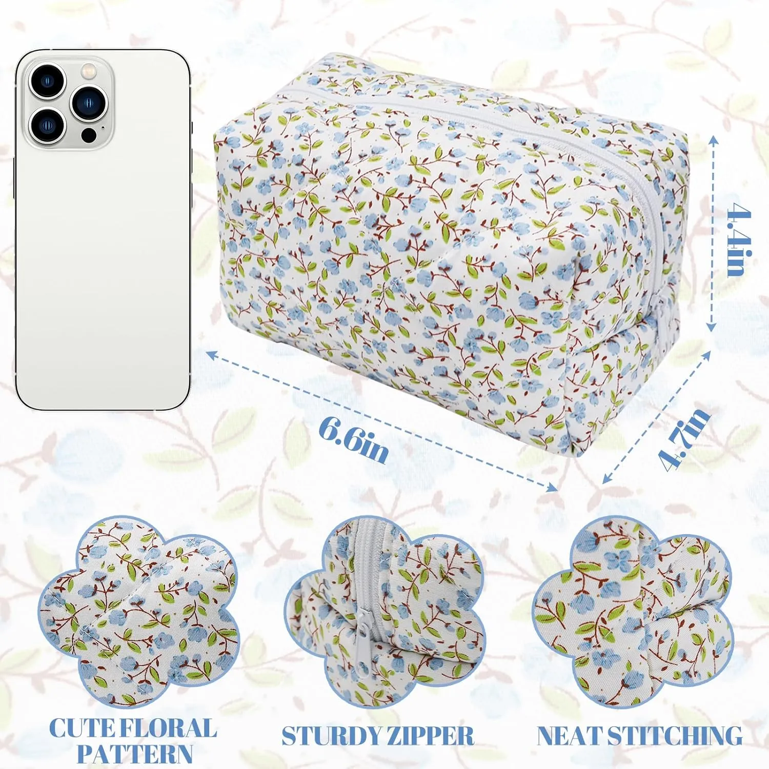 Cotton Quilted Makeup Bag, Cute Pouch Toiletry Bag Cosmetic Bag Quilted Floral Organizer Bag Travel Coquette Aesthetic Portable Storage Zipper Purse for Women (Blue)