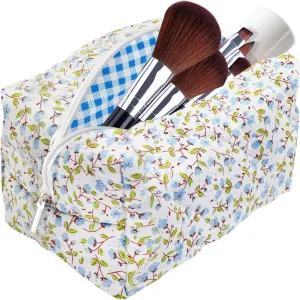 Cotton Quilted Makeup Bag, Cute Pouch Toiletry Bag Cosmetic Bag Quilted Floral Organizer Bag Travel Coquette Aesthetic Portable Storage Zipper Purse for Women (Blue)
