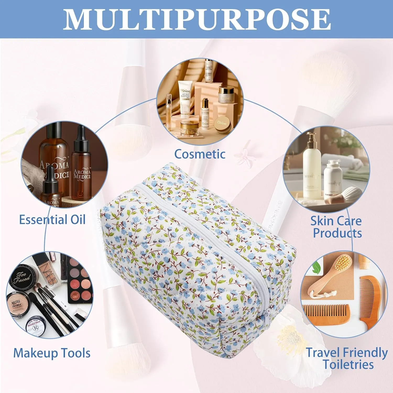 Cotton Quilted Makeup Bag, Cute Pouch Toiletry Bag Cosmetic Bag Quilted Floral Organizer Bag Travel Coquette Aesthetic Portable Storage Zipper Purse for Women (Blue)