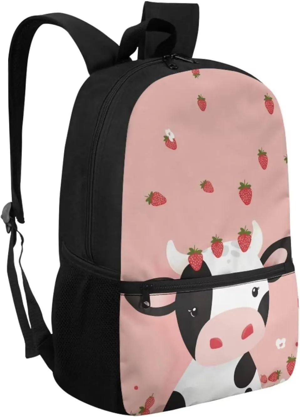 Cow Strawberry Print Girls Backpack for Kids 6-10 Fashion Girls Multi-functional Backpack Adjustable Straps Portable Bookbag Fashion Casual Daypack