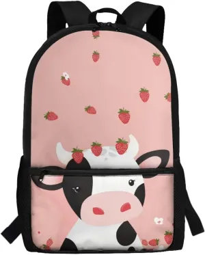 Cow Strawberry Print Girls Backpack for Kids 6-10 Fashion Girls Multi-functional Backpack Adjustable Straps Portable Bookbag Fashion Casual Daypack