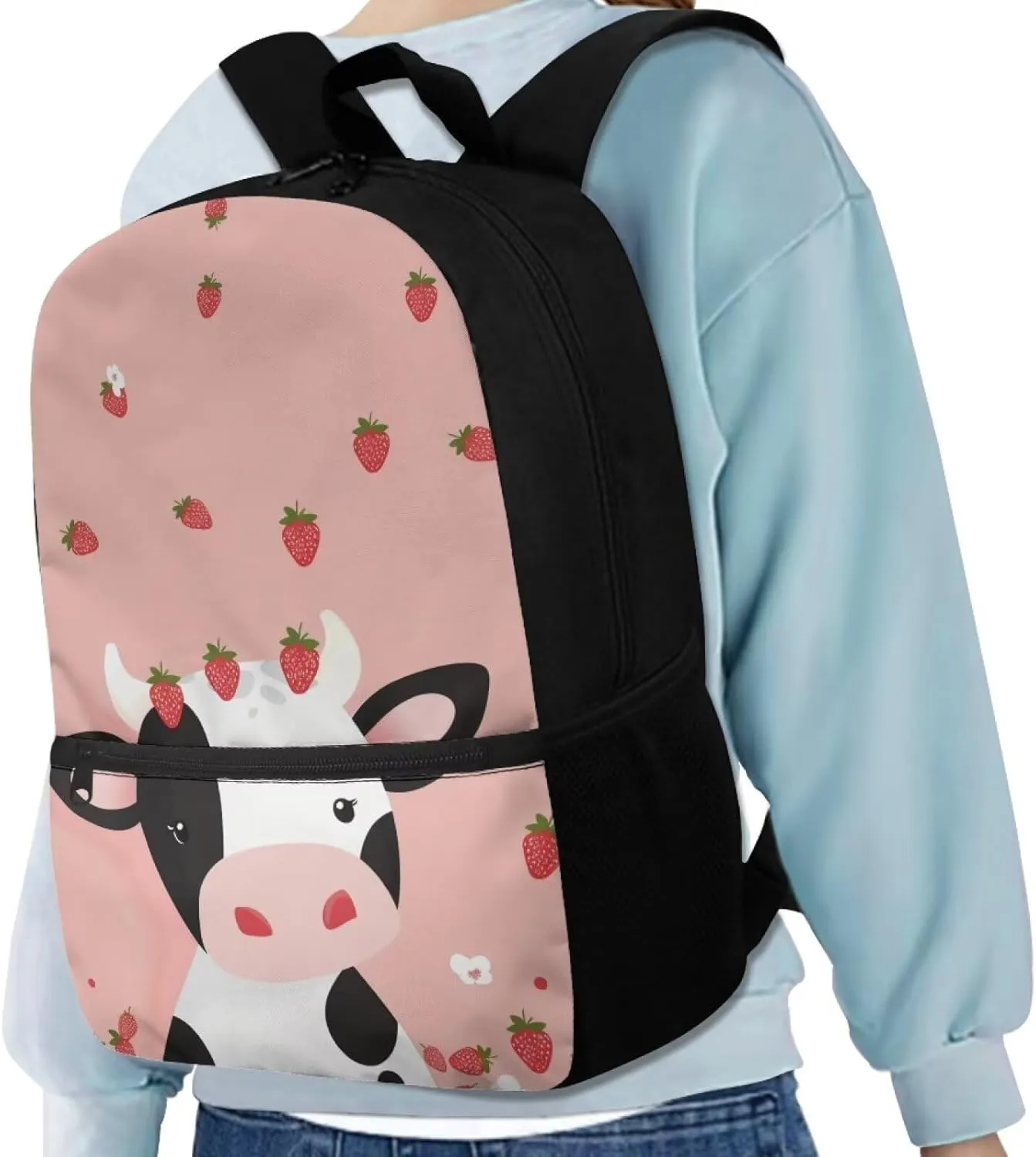 Cow Strawberry Print Girls Backpack for Kids 6-10 Fashion Girls Multi-functional Backpack Adjustable Straps Portable Bookbag Fashion Casual Daypack