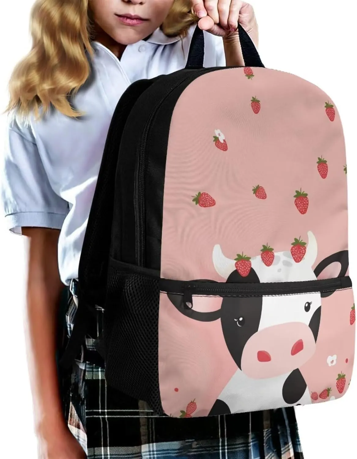 Cow Strawberry Print Girls Backpack for Kids 6-10 Fashion Girls Multi-functional Backpack Adjustable Straps Portable Bookbag Fashion Casual Daypack