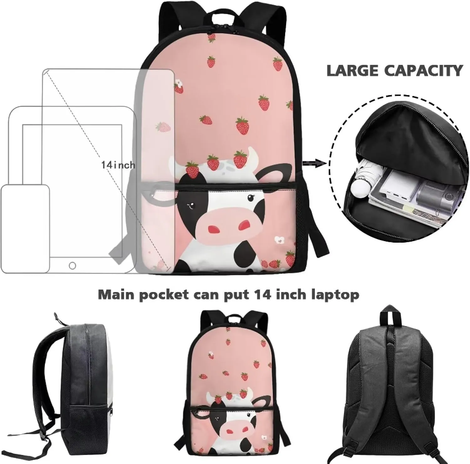 Cow Strawberry Print Girls Backpack for Kids 6-10 Fashion Girls Multi-functional Backpack Adjustable Straps Portable Bookbag Fashion Casual Daypack