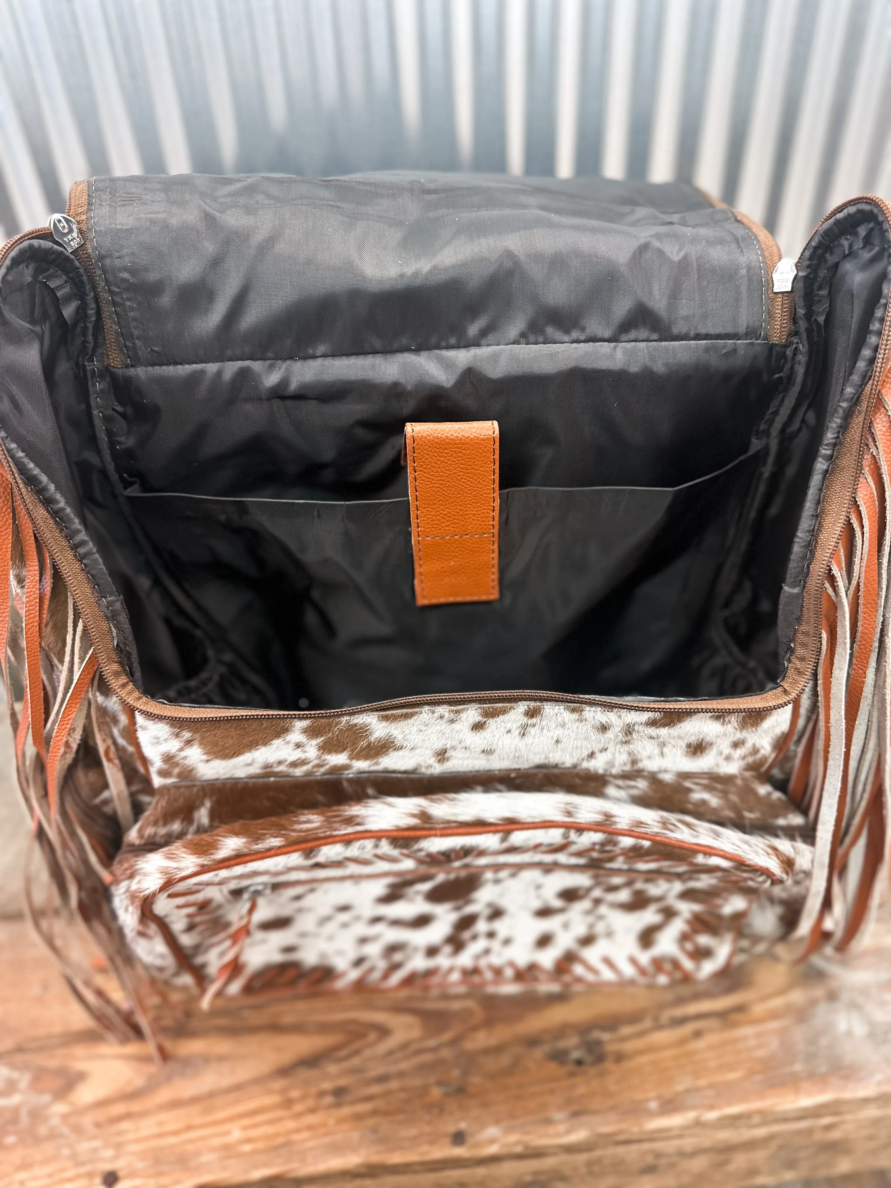 COWHIDE FRINGE BACKPACK - BROWN