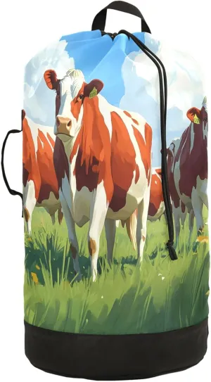 Cows in Pasture Laundry Bag Backpack with Adjustable Shoulder Straps, Oxford Hamper Bag Drawstring Closure for College Travel 80L