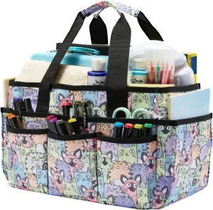 Craft Organizer Tote Bag, Art Caddy Bag with Multiple Pockets, Sewing Bags for Scrapbooking, Home and Office Supplies (Cat)