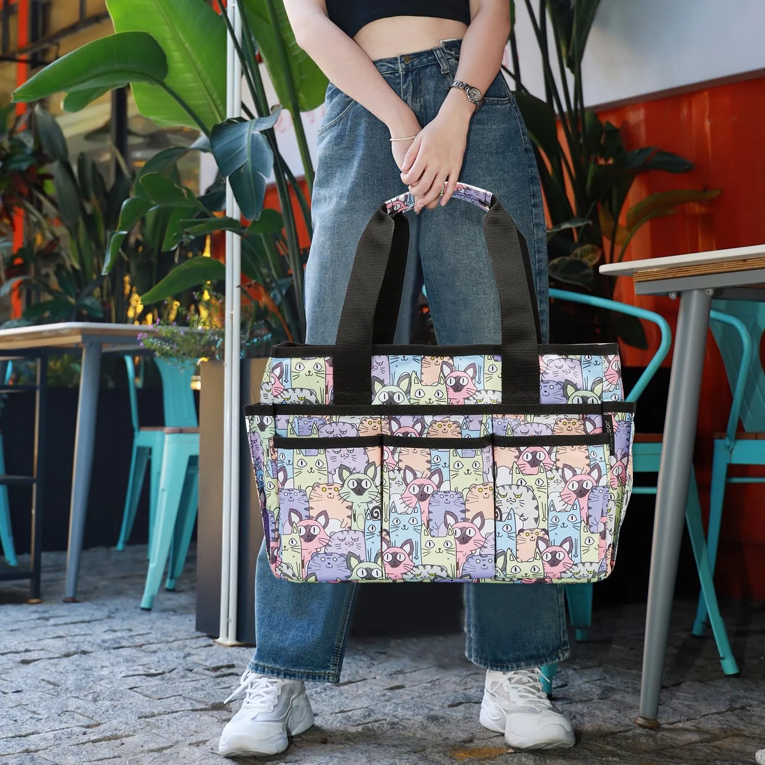 Craft Organizer Tote Bag, Art Caddy Bag with Multiple Pockets, Sewing Bags for Scrapbooking, Home and Office Supplies (Cat)