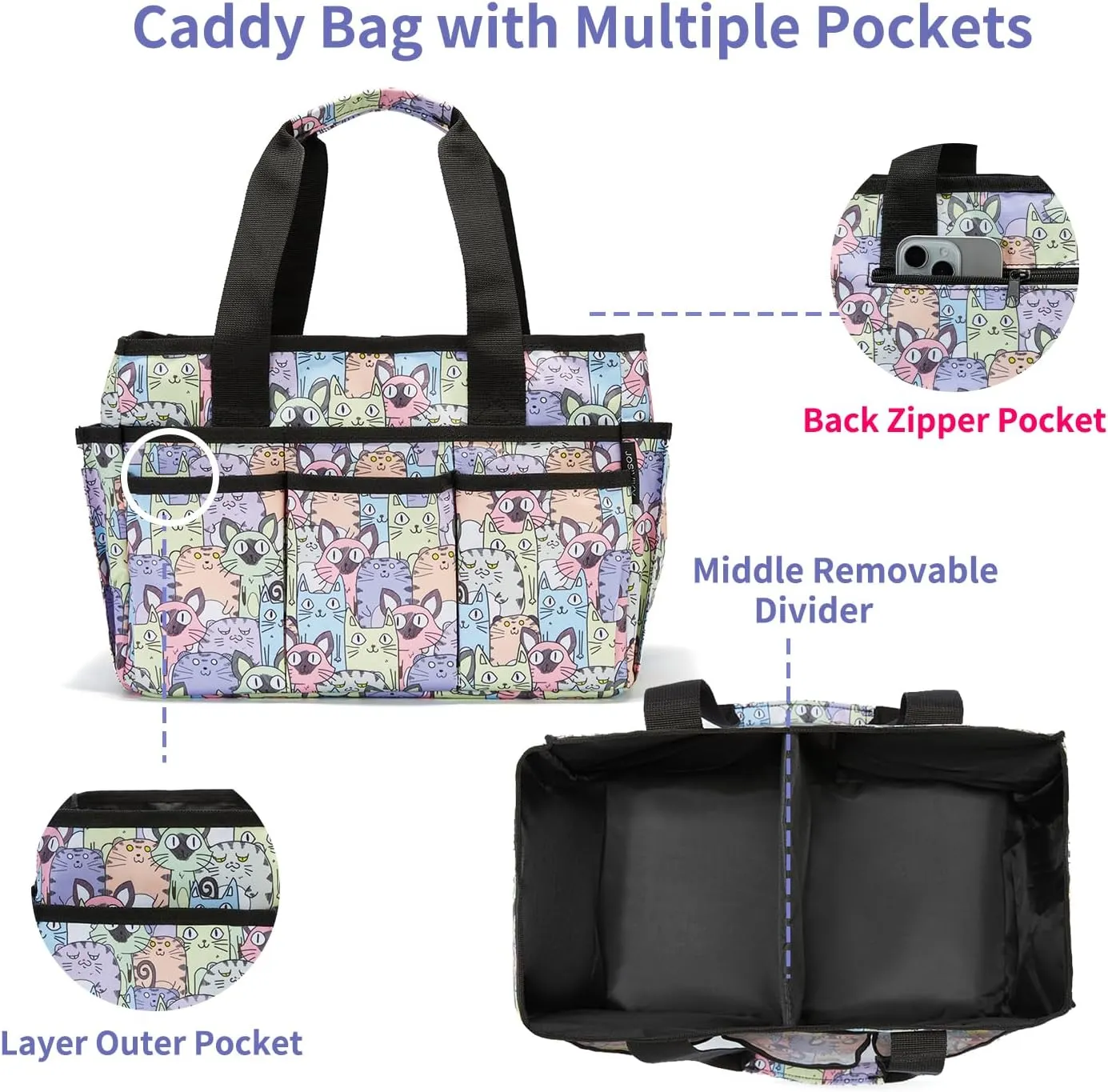 Craft Organizer Tote Bag, Art Caddy Bag with Multiple Pockets, Sewing Bags for Scrapbooking, Home and Office Supplies (Cat)