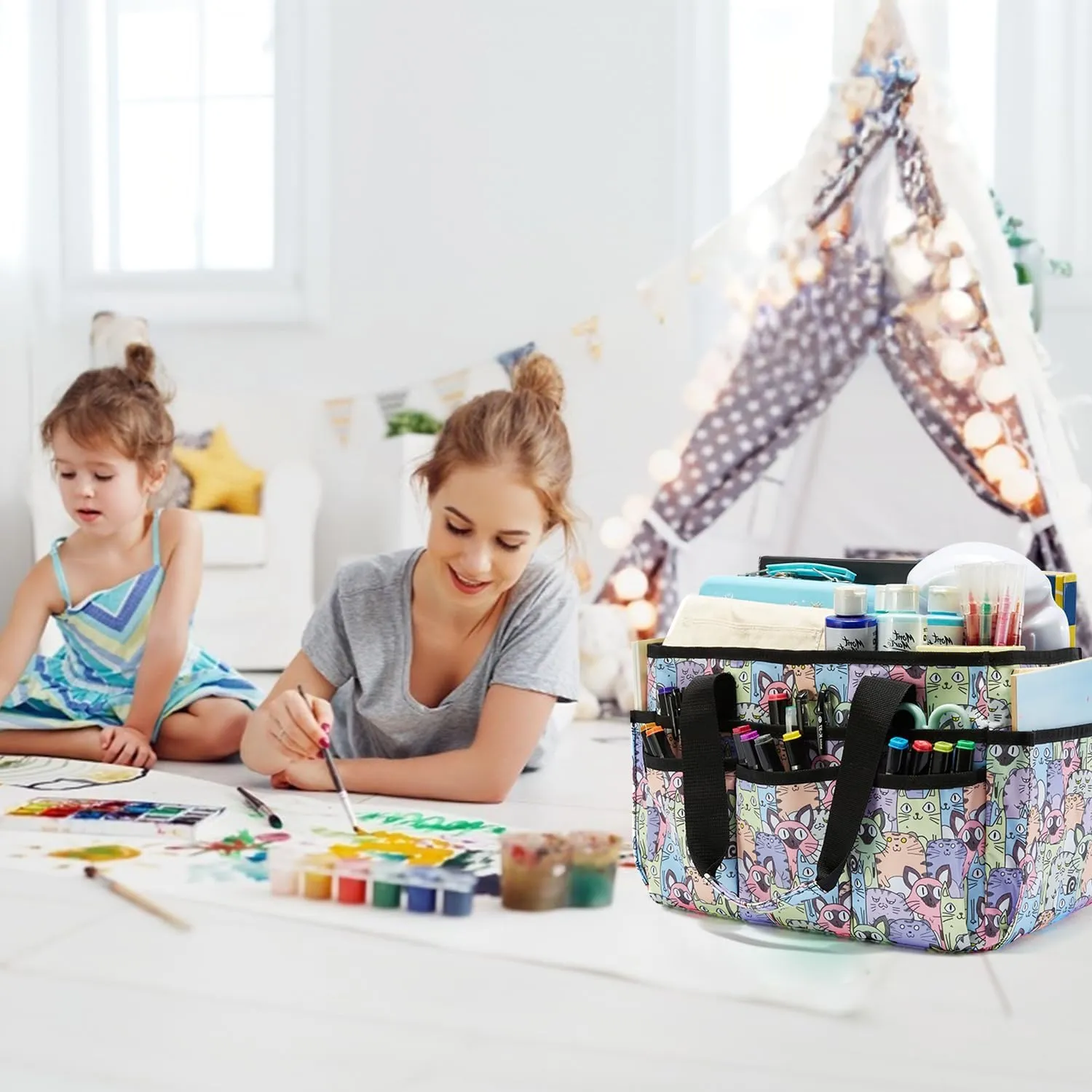 Craft Organizer Tote Bag, Art Caddy Bag with Multiple Pockets, Sewing Bags for Scrapbooking, Home and Office Supplies (Cat)