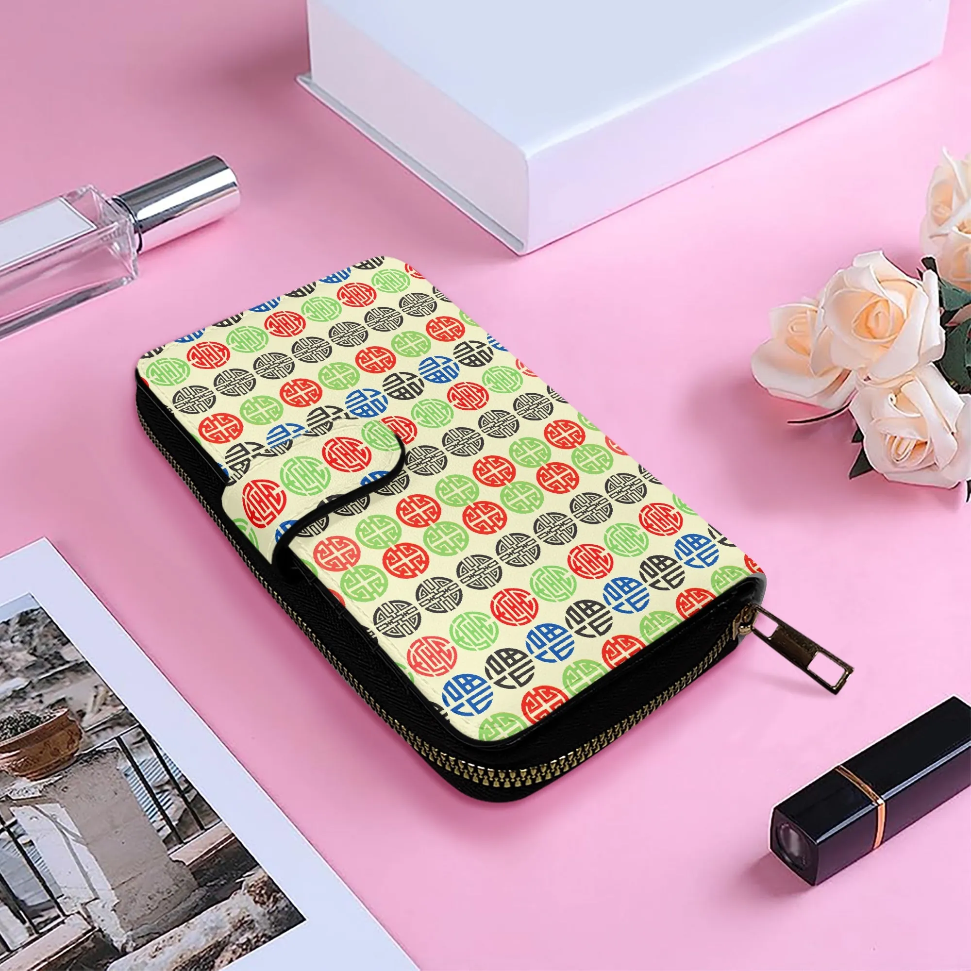 Cream Fengshui Symbols Long Flap Wallet