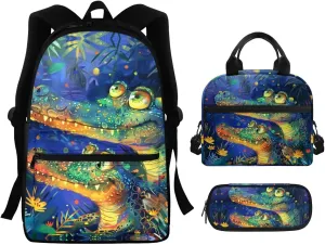 Crocodiles Print 3Pc Backpack Set for Boys Multi-Functional Adjustable Straps Crossbody School Bag Grease Proofing Recycle Food Bag for Travel Work Office School