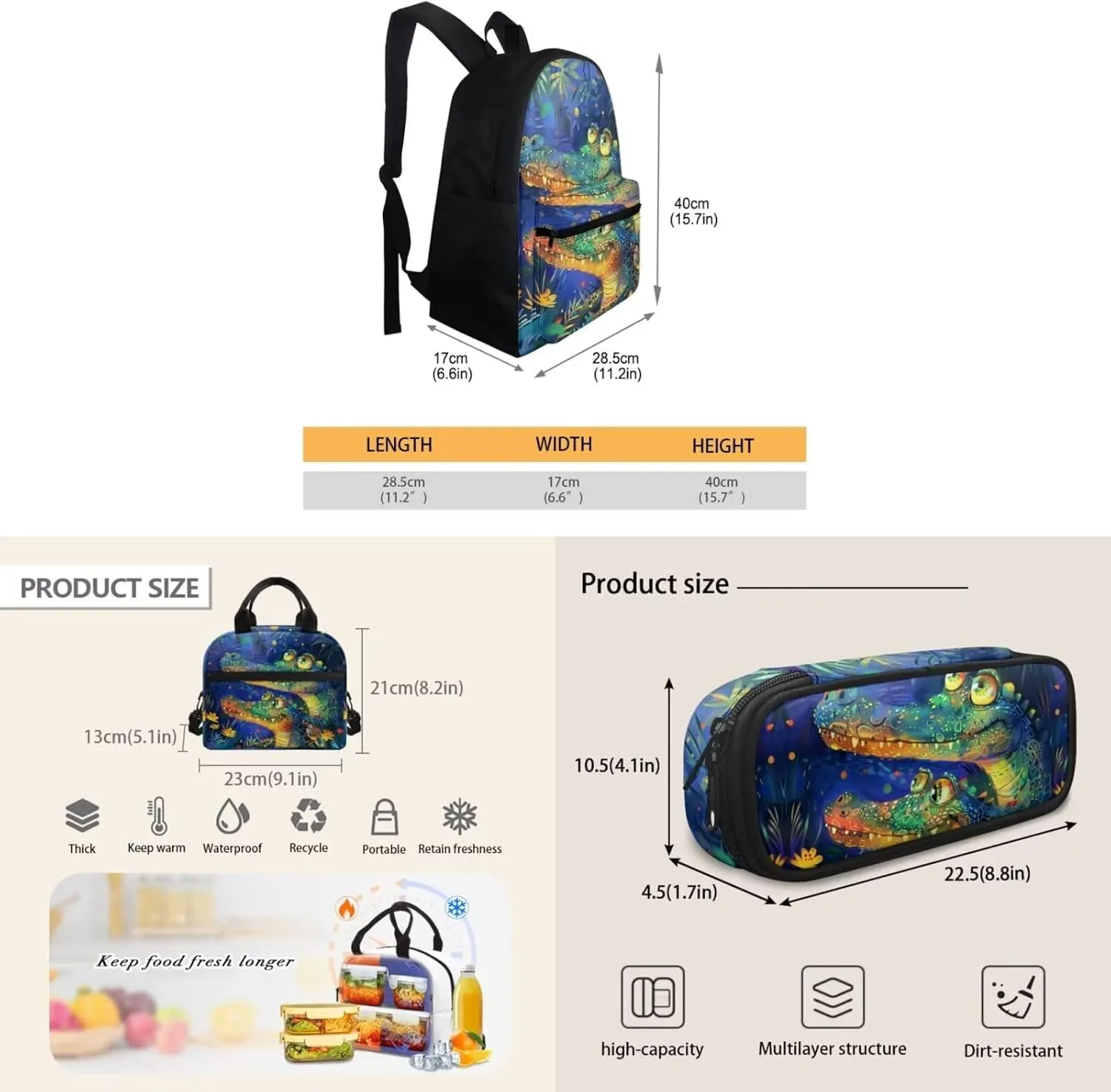 Crocodiles Print 3Pc Backpack Set for Boys Multi-Functional Adjustable Straps Crossbody School Bag Grease Proofing Recycle Food Bag for Travel Work Office School