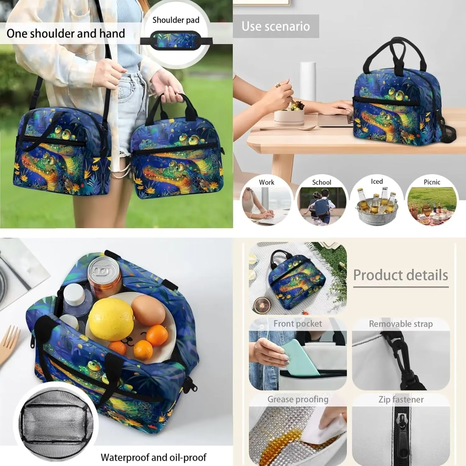 Crocodiles Print 3Pc Backpack Set for Boys Multi-Functional Adjustable Straps Crossbody School Bag Grease Proofing Recycle Food Bag for Travel Work Office School