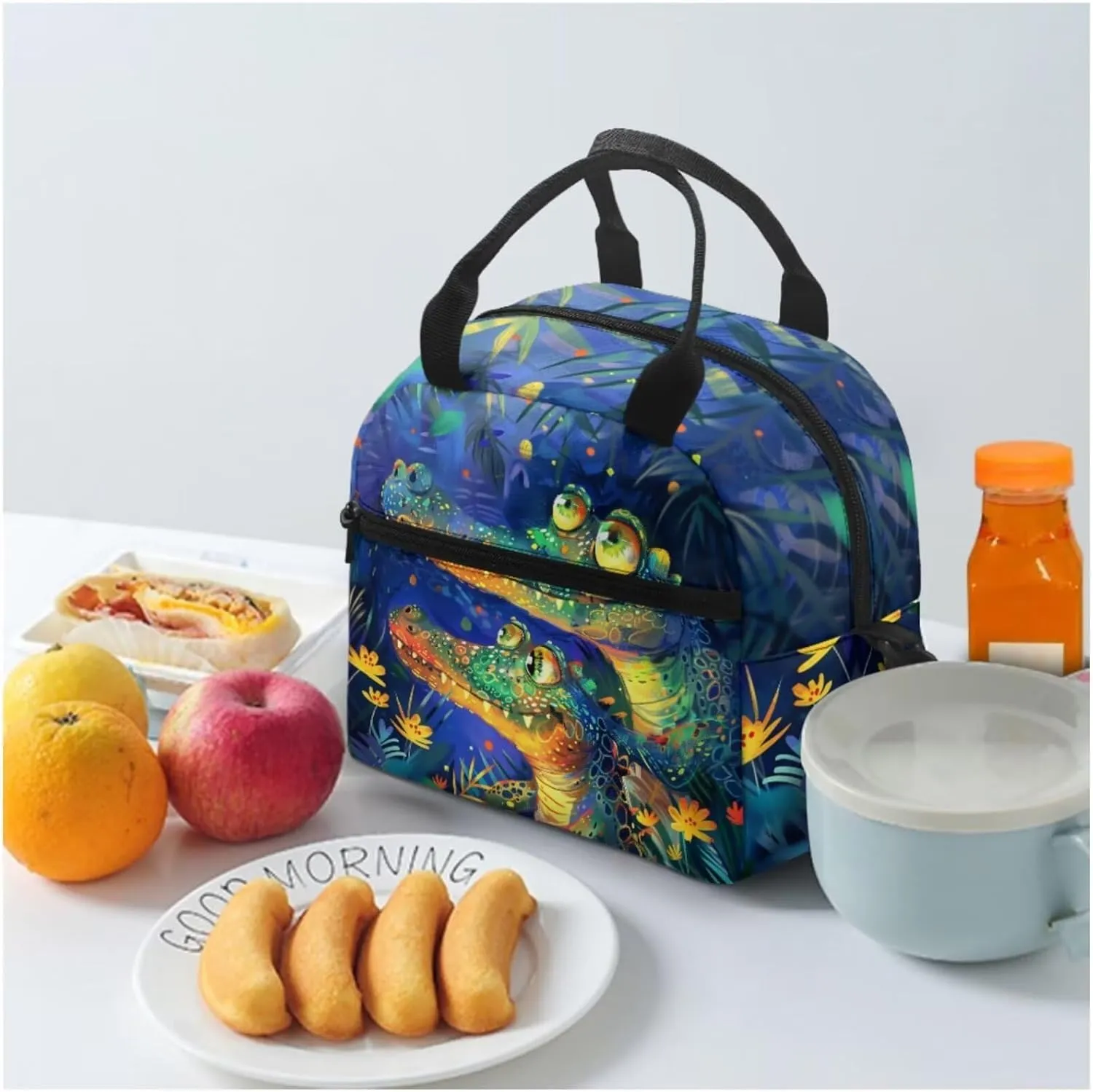 Crocodiles Print 3Pc Backpack Set for Boys Multi-Functional Adjustable Straps Crossbody School Bag Grease Proofing Recycle Food Bag for Travel Work Office School