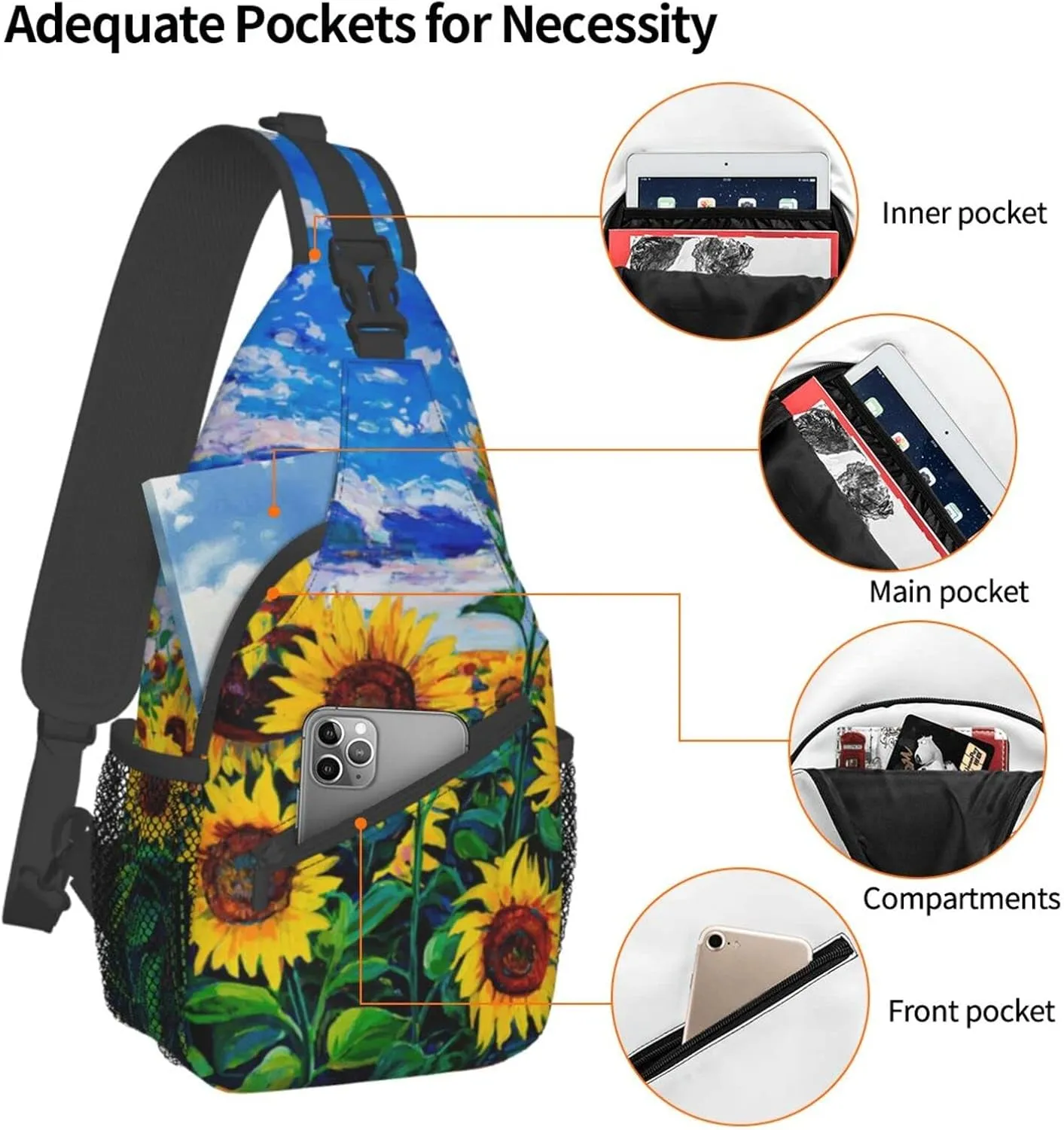 Crossbody Sling Backpack Sling Bag Chest Bag Shoulder Bag Travel Hiking Daypack For Men Women-Landscape With Sunflowers