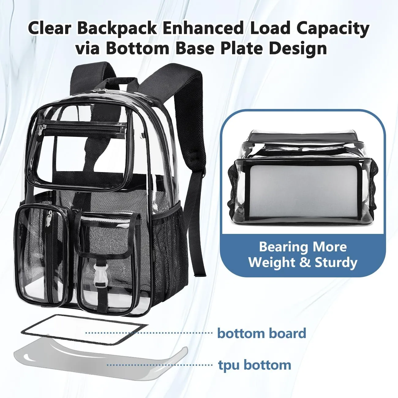 Cusangel Heavy Duty Clear Backpack Clear BookBag,16 x11 x5inch TPU Large Capacity See Through Backpack for Sport Events,Travel (Black)