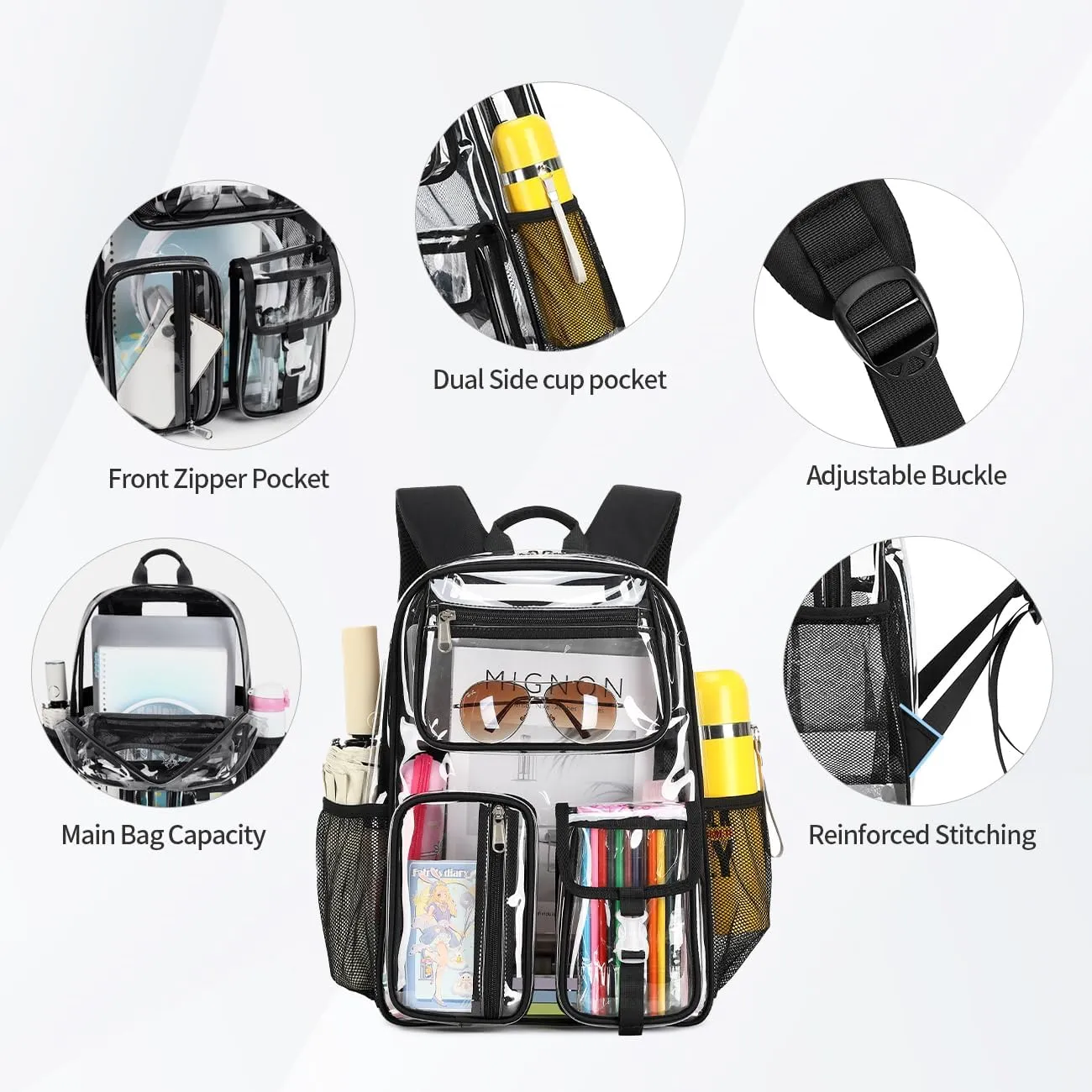 Cusangel Heavy Duty Clear Backpack Clear BookBag,16 x11 x5inch TPU Large Capacity See Through Backpack for Sport Events,Travel (Black)