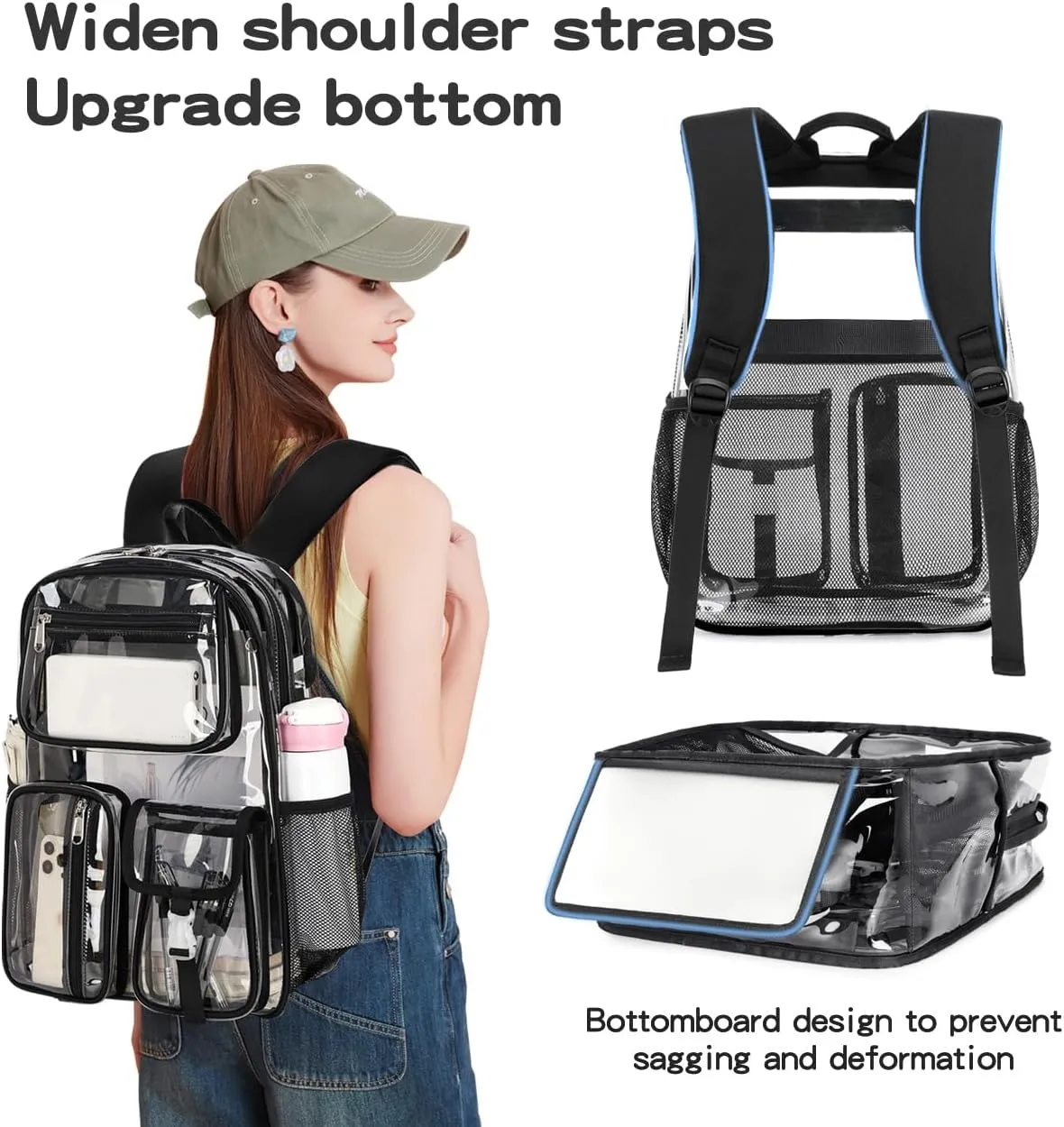 Cusangel Heavy Duty Clear Backpack Clear BookBag,16 x11 x5inch TPU Large Capacity See Through Backpack for Sport Events,Travel (Black)