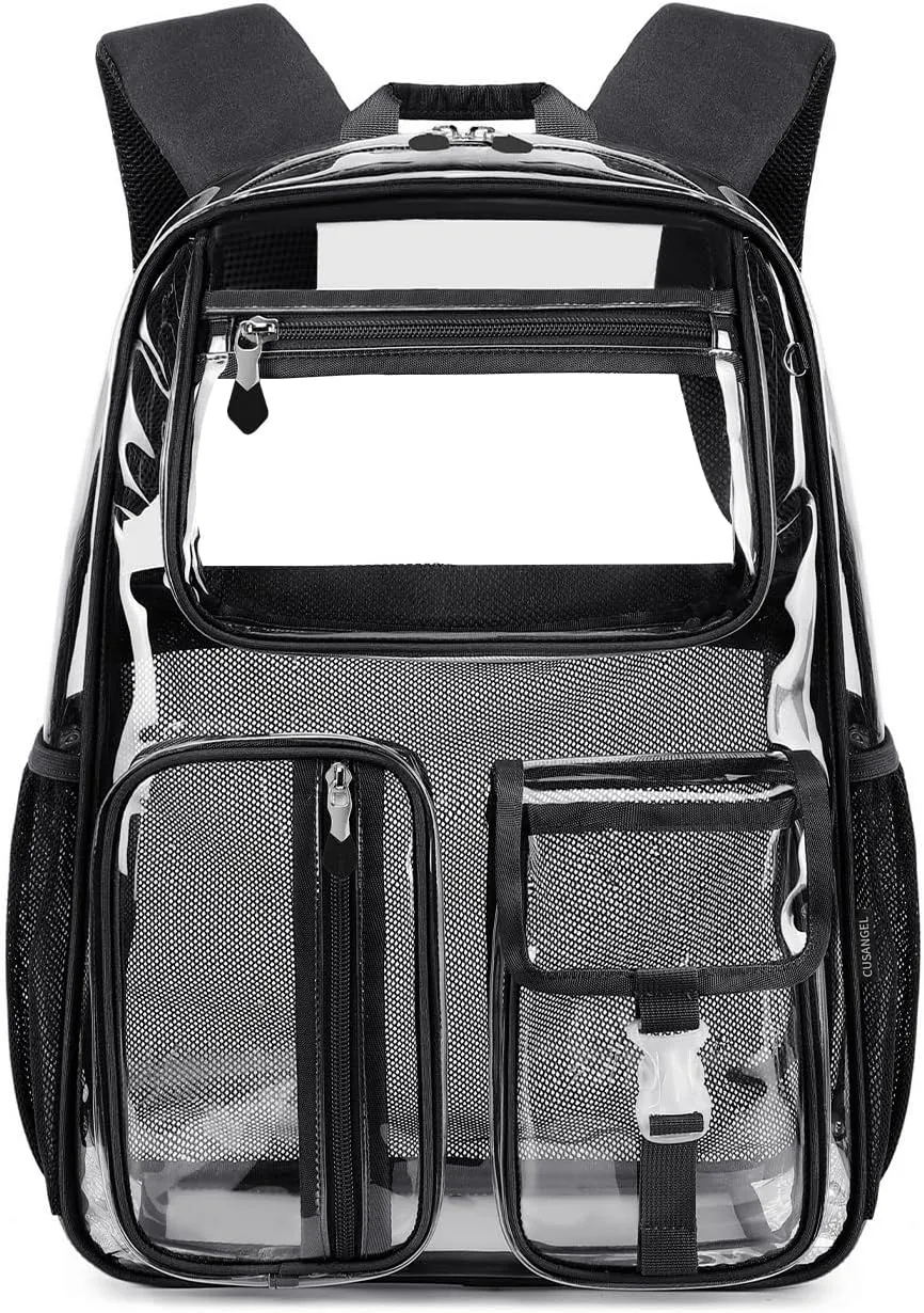 Cusangel Heavy Duty Clear Backpack Clear BookBag,16 x11 x5inch TPU Large Capacity See Through Backpack for Sport Events,Travel (Black)