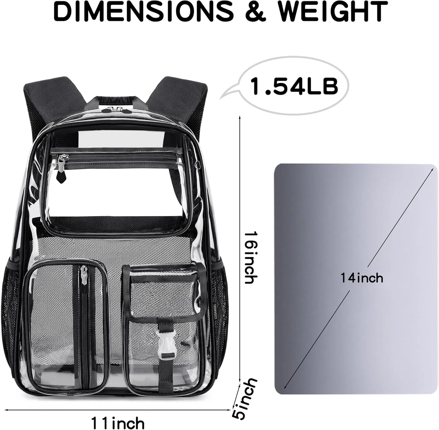 Cusangel Heavy Duty Clear Backpack Clear BookBag,16 x11 x5inch TPU Large Capacity See Through Backpack for Sport Events,Travel (Black)