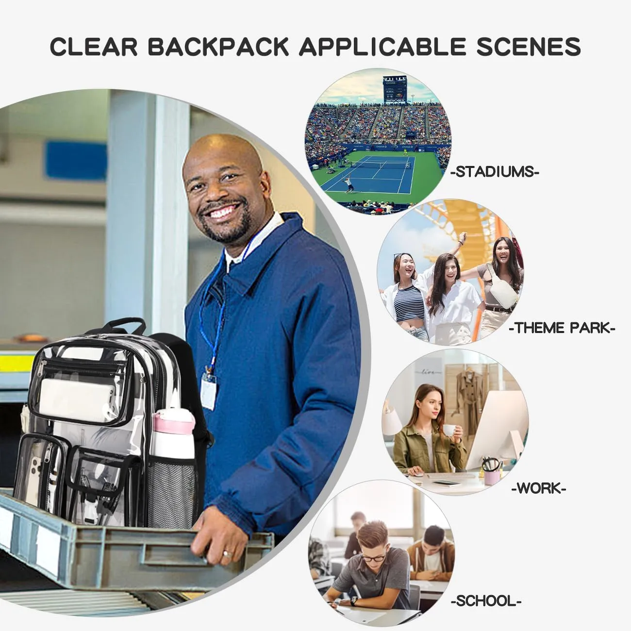Cusangel Heavy Duty Clear Backpack Clear BookBag,16 x11 x5inch TPU Large Capacity See Through Backpack for Sport Events,Travel (Black)