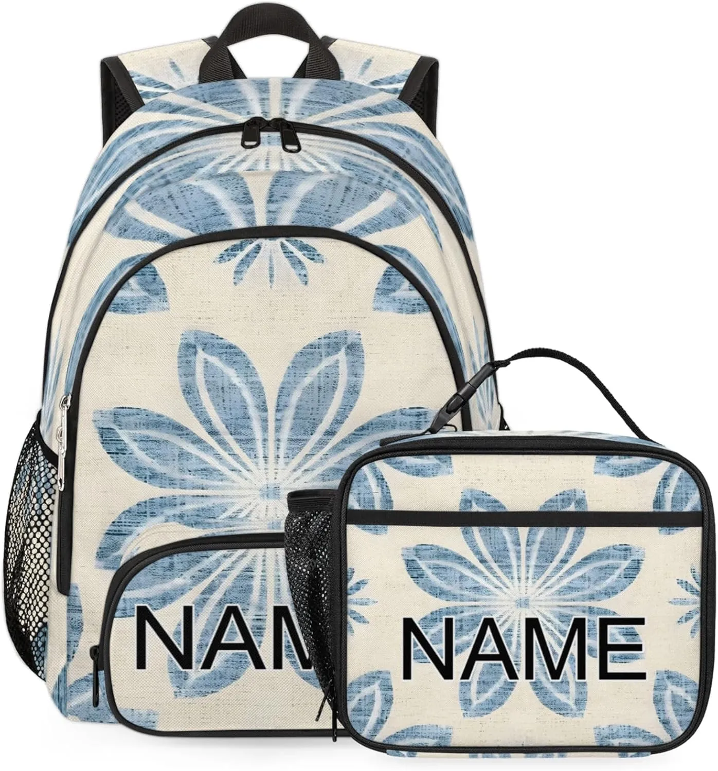 Custom Abstract Floral Backpack and Lunch Box Set Personalized Backpack with Name, Customized Blue Flower Lightweight Waterproof Travel Casual Daypacks