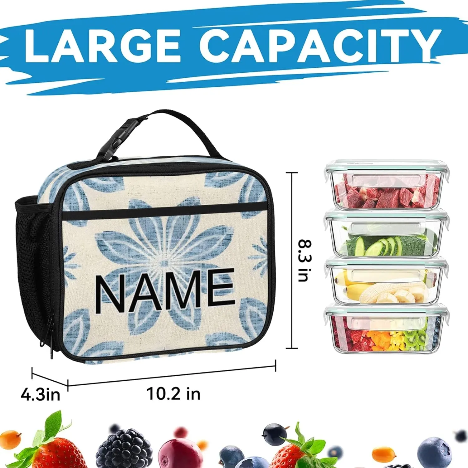 Custom Abstract Floral Backpack and Lunch Box Set Personalized Backpack with Name, Customized Blue Flower Lightweight Waterproof Travel Casual Daypacks