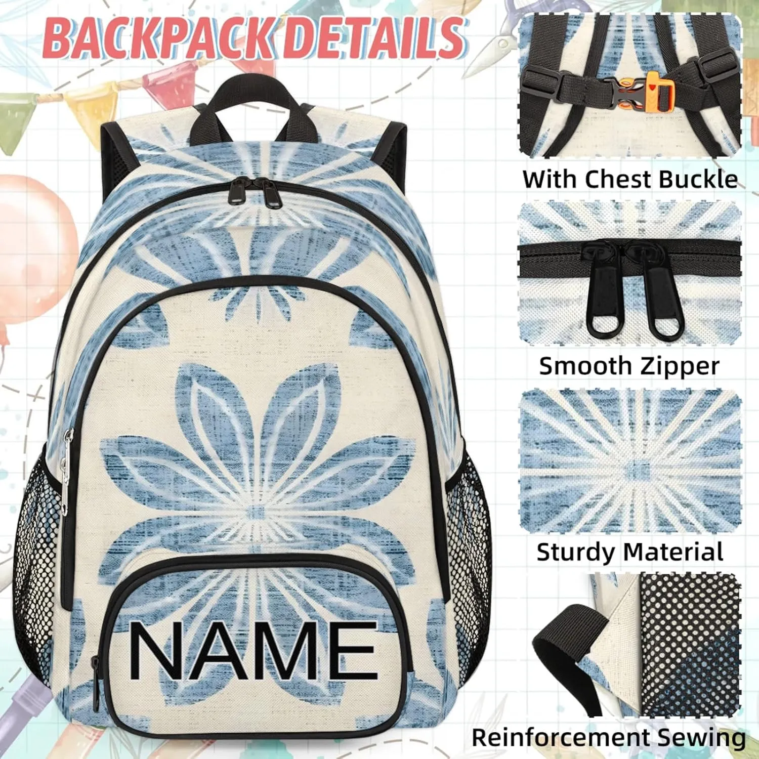 Custom Abstract Floral Backpack and Lunch Box Set Personalized Backpack with Name, Customized Blue Flower Lightweight Waterproof Travel Casual Daypacks