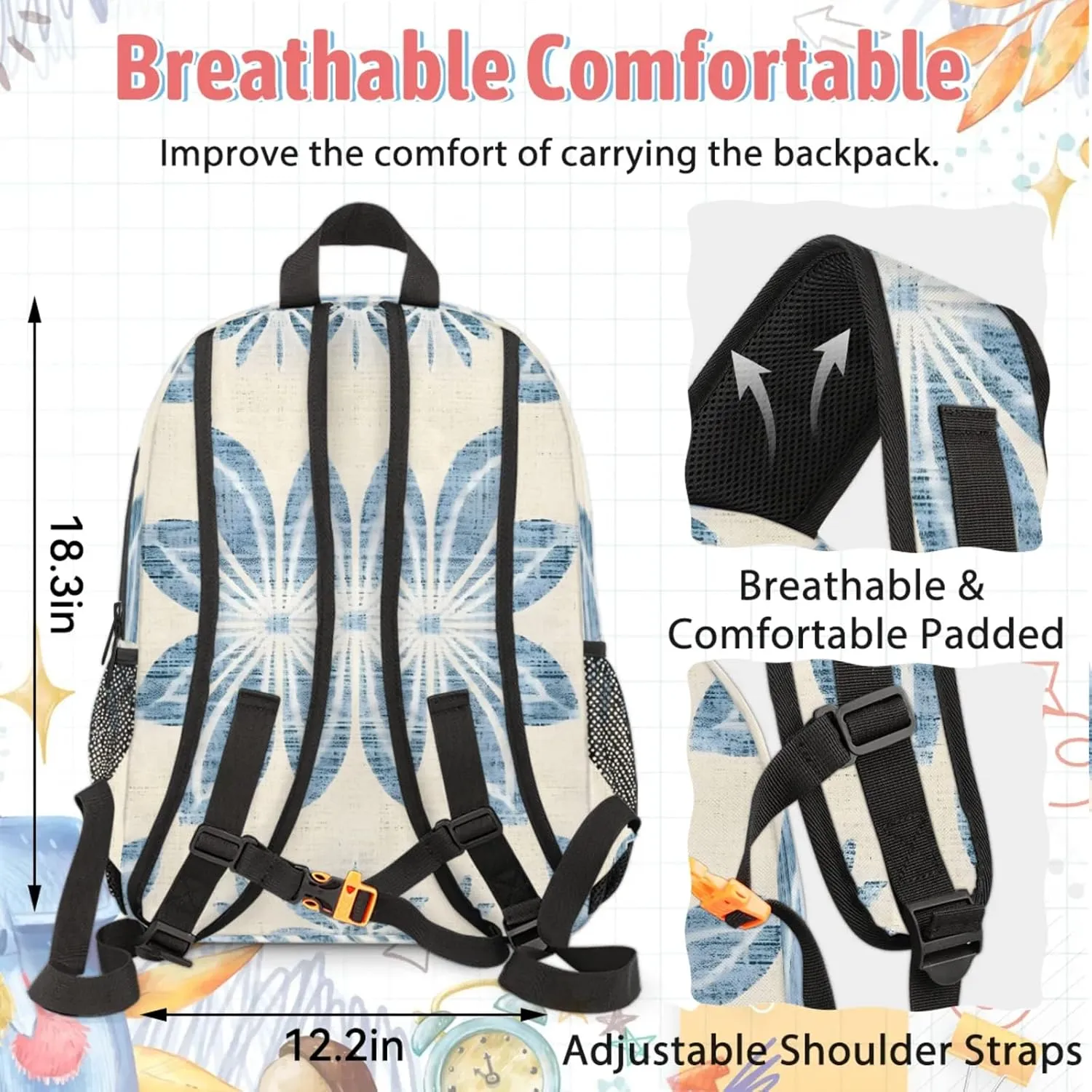 Custom Abstract Floral Backpack and Lunch Box Set Personalized Backpack with Name, Customized Blue Flower Lightweight Waterproof Travel Casual Daypacks