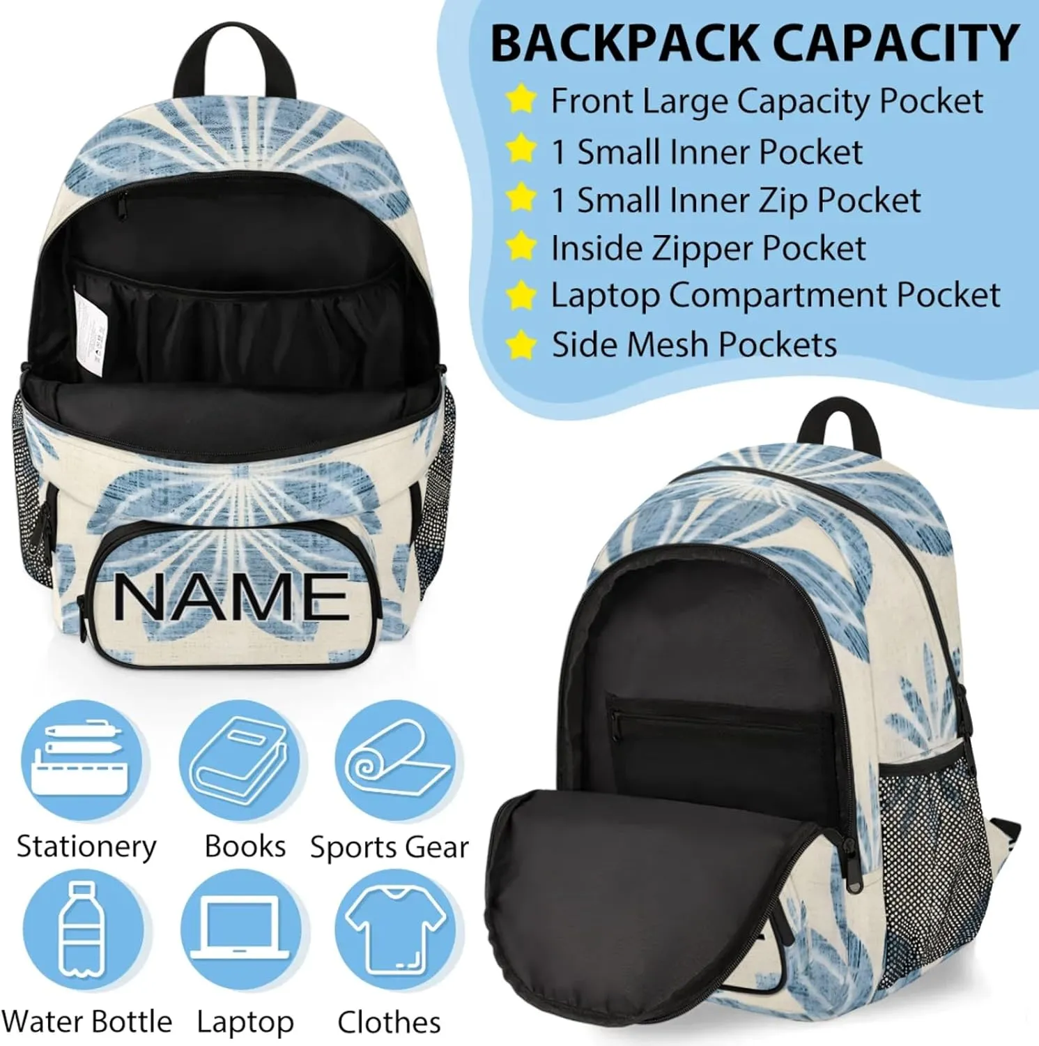 Custom Abstract Floral Backpack and Lunch Box Set Personalized Backpack with Name, Customized Blue Flower Lightweight Waterproof Travel Casual Daypacks