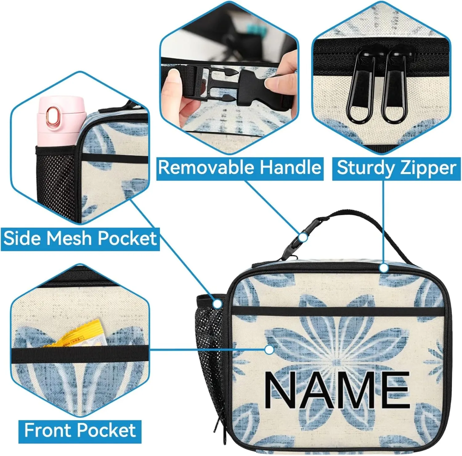 Custom Abstract Floral Backpack and Lunch Box Set Personalized Backpack with Name, Customized Blue Flower Lightweight Waterproof Travel Casual Daypacks