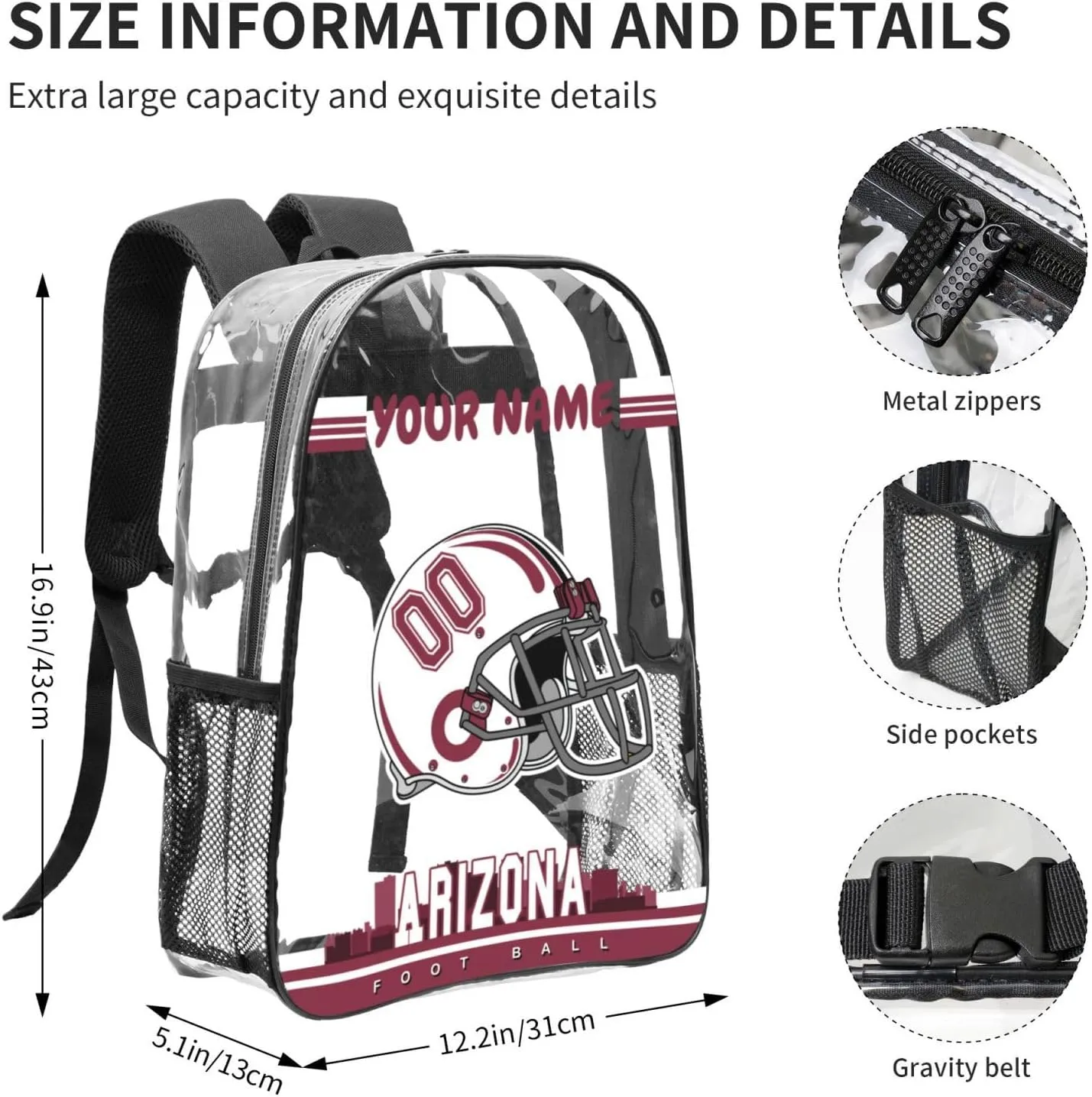 Custom Arizona Backpack Personalized Clear Backpack With Name And Number，Large Capacity Transparent Laptop Bag Football Style Casual Daypack Gifts For Men Women Fans