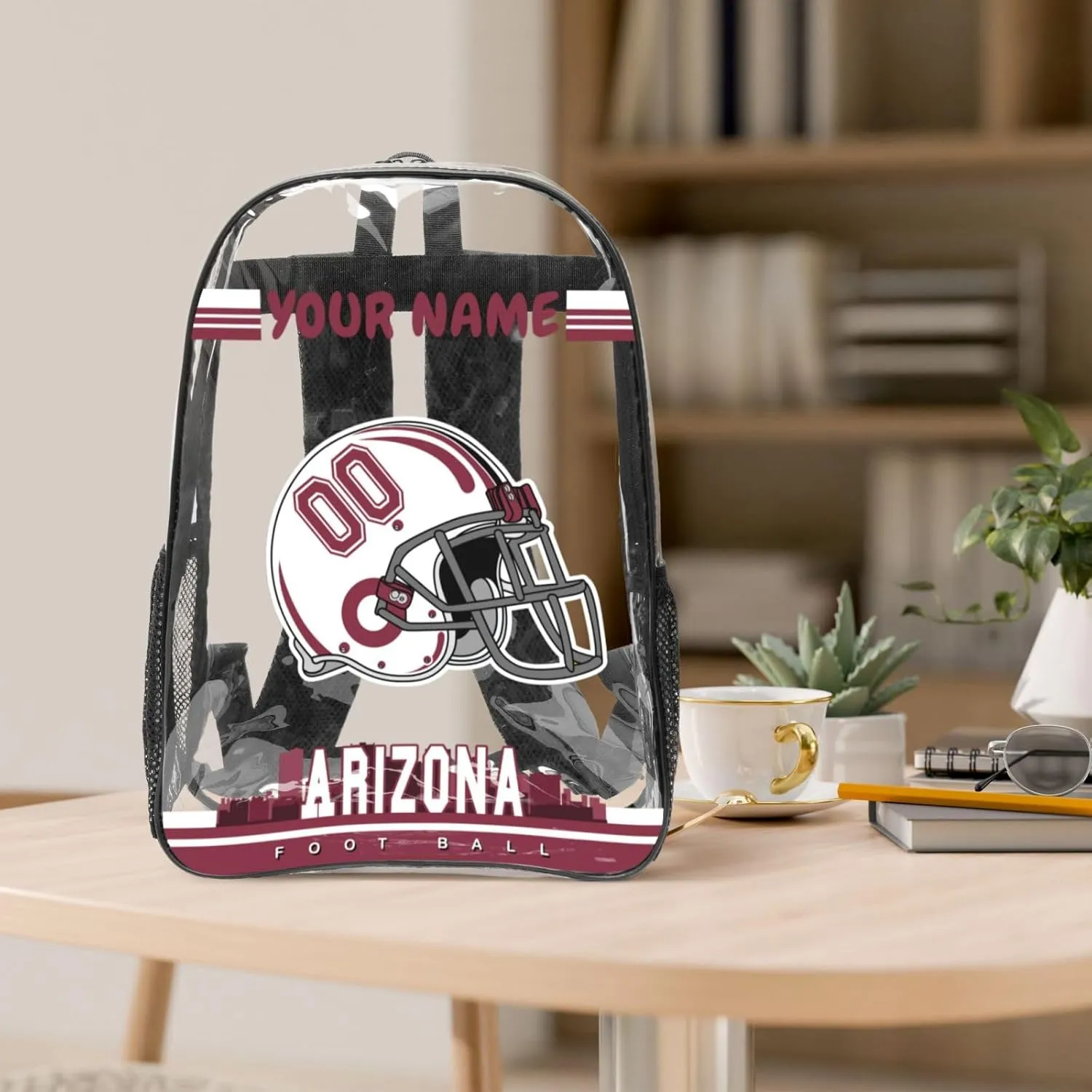 Custom Arizona Backpack Personalized Clear Backpack With Name And Number，Large Capacity Transparent Laptop Bag Football Style Casual Daypack Gifts For Men Women Fans