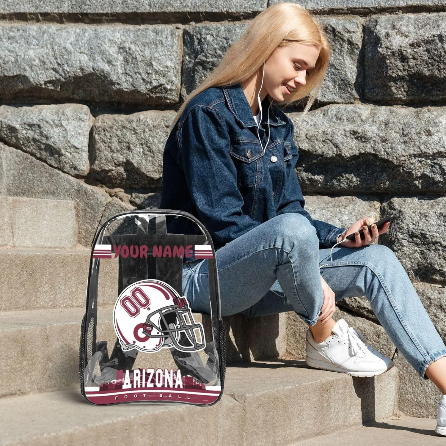 Custom Arizona Backpack Personalized Clear Backpack With Name And Number，Large Capacity Transparent Laptop Bag Football Style Casual Daypack Gifts For Men Women Fans