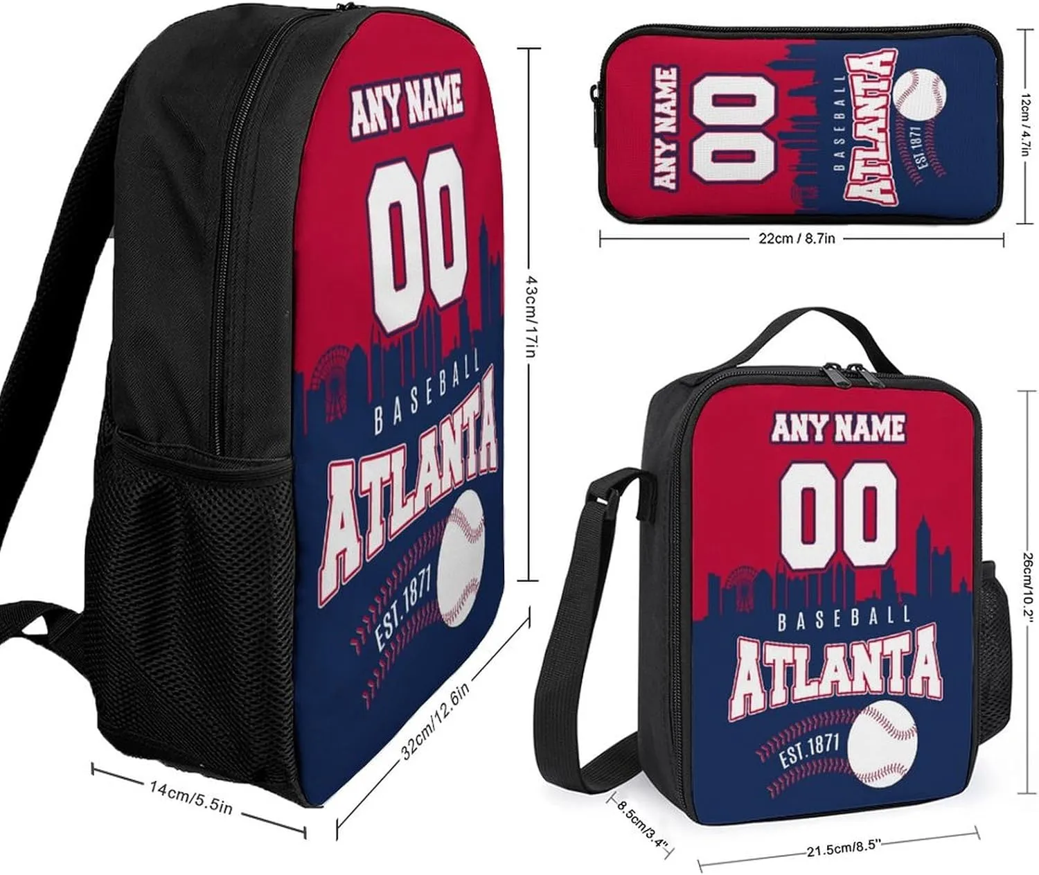 Custom Atlanta Backpack 3PCS 17 Inch Baseball Laptop Bag Lunch Bag Pencil Case Gifts for Boy Girl Men Women