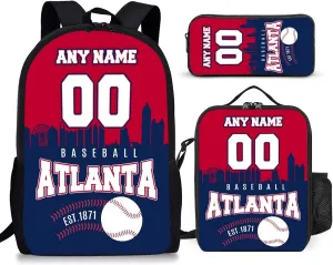 Custom Atlanta Backpack 3PCS 17 Inch Baseball Laptop Bag Lunch Bag Pencil Case Gifts for Boy Girl Men Women