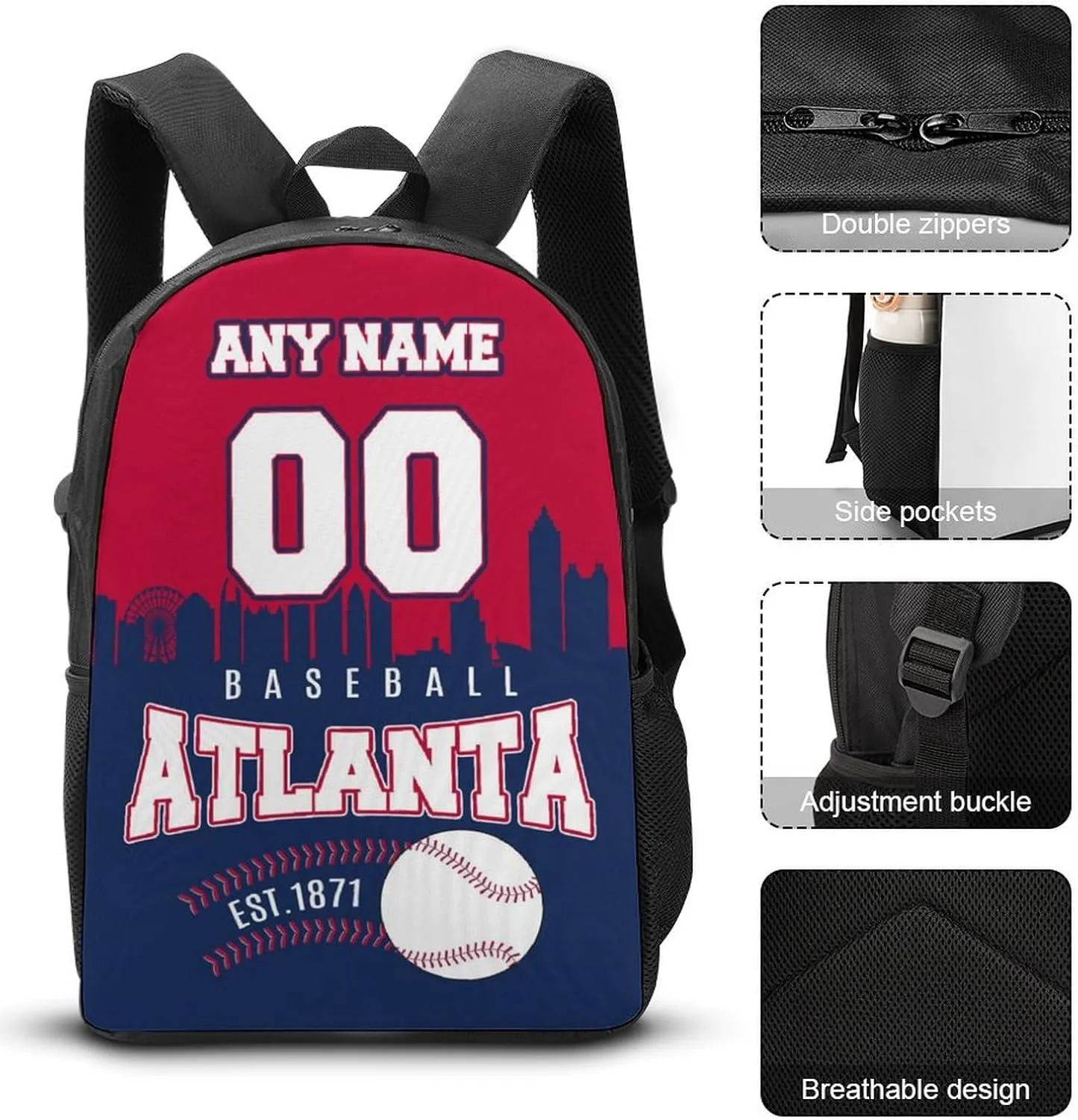 Custom Atlanta Backpack 3PCS 17 Inch Baseball Laptop Bag Lunch Bag Pencil Case Gifts for Boy Girl Men Women